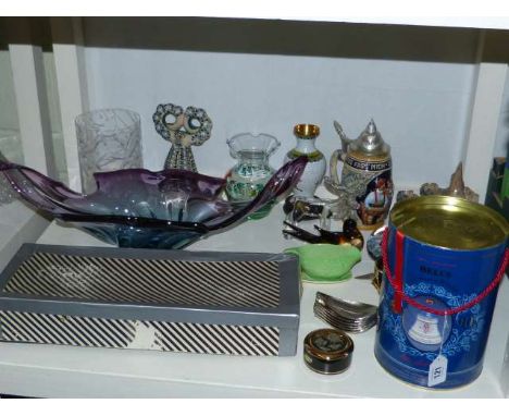 Bells Whisky decanter, large glass dish, paperweights, cloisonne vase, stein, etc