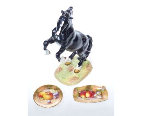 Over painted Beswick rearing horse 1014 and two Royal Worcester fruit painted dishes