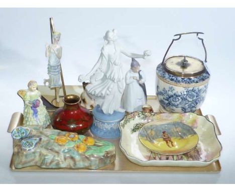 Tray lot with Royal Doulton wares, Radford wall pocket, Copenhagen and Wedgwood figures, biscuit jar and vase