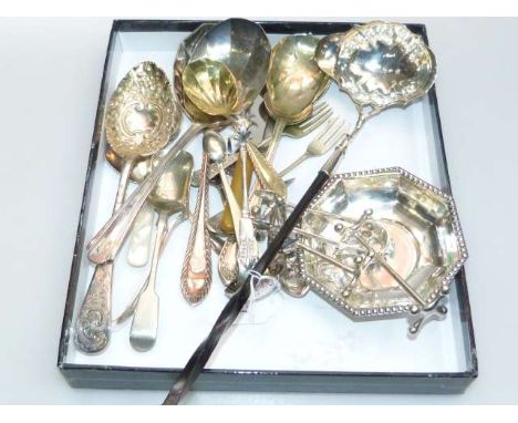 Silver toddy ladle, silver and silver plate.