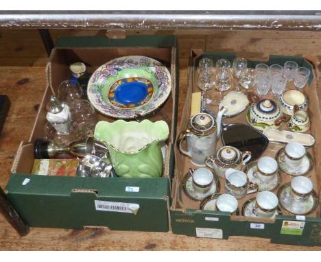 Two boxes of glass and china including Maling bowl and vase, Oriental coffee service, glasses, dressing table set, etc