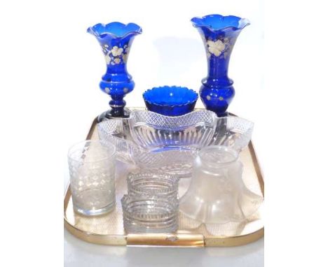 Collection of antique glass including three ornate blue pieces, light shade, salts, tumbler and bowl