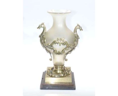 Ornate metal mounted opaque glass vase on heavy plinth base