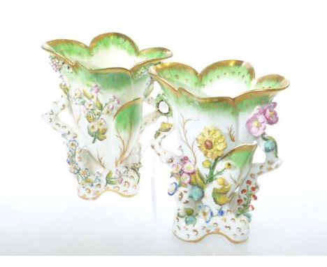 Pair of Chamberlain Worcester floral encrusted two handled vases, 19th Century