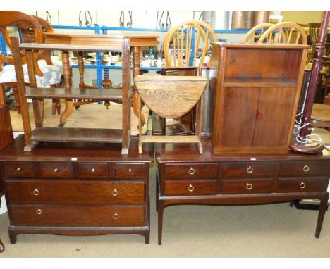 Stag Minstrel dressing table and chest, open bookshelves, small oak drop leaf table, pedestal cupboard and standard lamp (6)