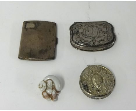 A silver cigarette case, a 19th Century silver? Snuff box the lid with armorial with gilt interior also a porcelain netsuke a