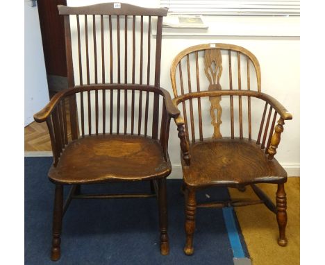 Three country Windsor chairs including comb back chair with elm saddle seat.