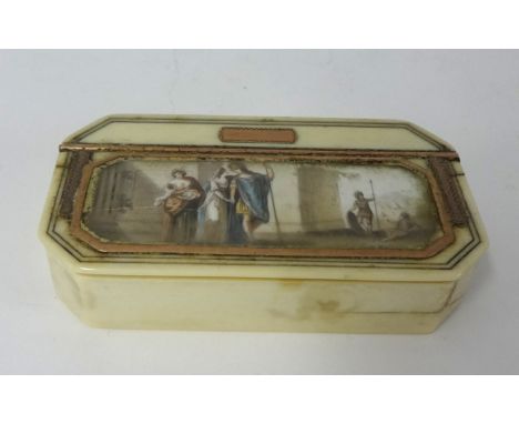 Georgian ivory and gold inlaid snuff box with classical miniature scene decorated to the lid (damaged)