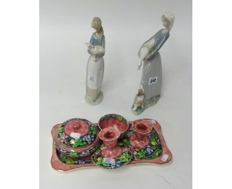 Two Lladro figures of girls with animals (2) also a Maling Ware lustre dressing table set
