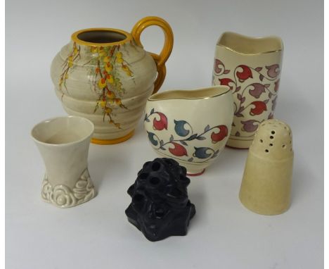 Crown Ducal 'Pussy Willow' two handled jug, two Crown Ducal fuchsia pattern vases, chameleon flower sifter, Clarice Cliff cre