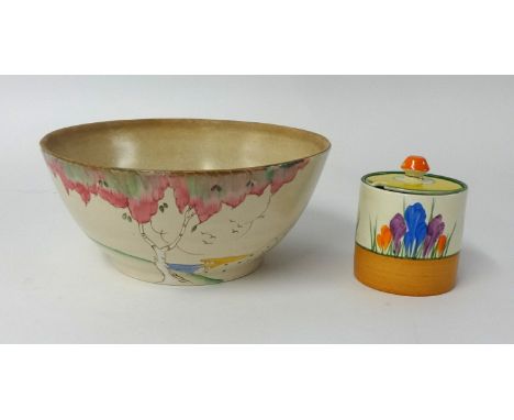Clarice Cliff preserve jar, Crocus (repaired lid) also Clarice Cliff 'Seascape' bowl (2)