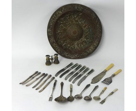 Mixed collection including Georgian tea caddy, circular embossed copper plaque, four rulers including ivory, opera glasses, t