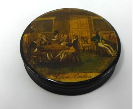 19th Century papier mache snuff box 'Life In London' t/w a 19th century tortoise shell and silver inlaid snuff box