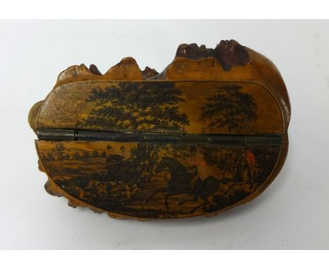 19th Century burr wood snuff box decorated with a hunting scene