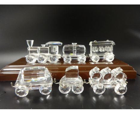 Swarovski Crystal glass Loco/Engine, Tender, Wagon carriage, Petrol wagon, Tipping wagon &amp; Tank wagon &amp; wooden track.
