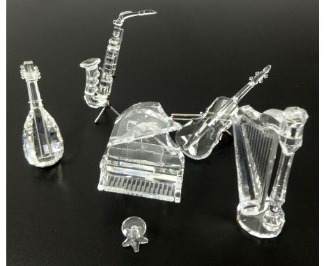 Swarovski Crystal glass Musical instruments. Harp, Grand piano and stool, Lute, Saxophone, with stands (5).