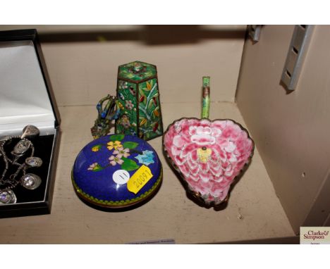 A cloisonné circular box, a 18th Century Chinese enamel ladle bowl AF, and a Chinese enamel bell AF