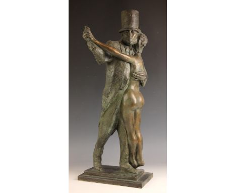 John W Mills (1933-2023), ‘Degas’ - dancing couple (suited gentleman in top hat #3), Patinated resin on rectangular base, Sig