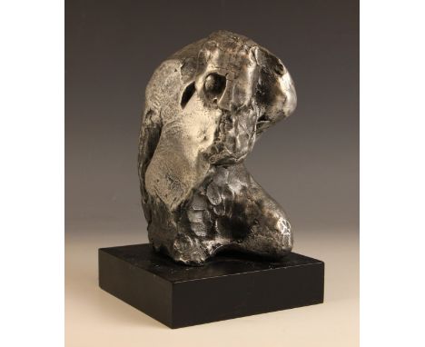 John W. Mills (1933-2023), Kneeling figure, Michelangelo, Patinated stainless steel on wooden base, 23cm high overall