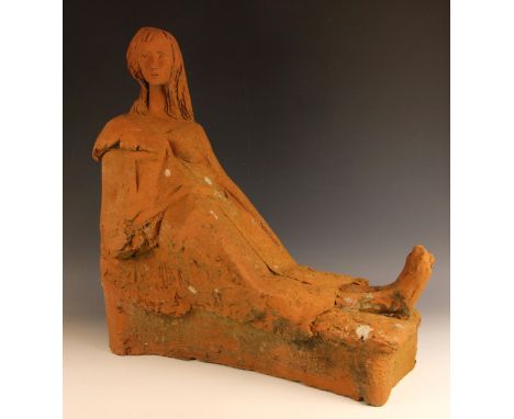 John W Mills (1933-2023), Lady reclining on a bench, Terracotta, freestanding, 61cm high overall