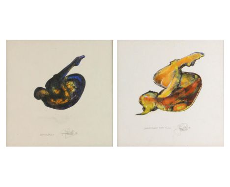 John W. Mills (1933-2023), 'Somersault' and 'Somersault with tuck', Watercolour over lithograph, Signed, Each 24.5cm x 24.5cm