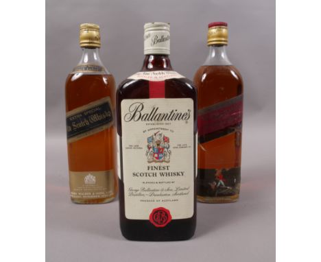 Old bottles of Blended Scotch Whisky; Ballantine's Finest Scotch Whisky, old style label 'by appointment to the late Queen Vi