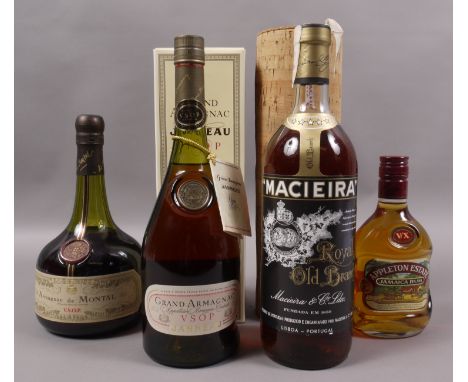 Janneau Grand Armagnac VSOP, 40% 70cl, carton; Armagnac de Montal VSOP, 40% 70cl; Macieira Royal Old Brandy 40° GL 1 litre, c