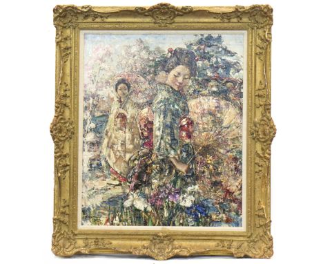 EDWARD ATKINSON HORNEL (SCOTTISH 1864 - 1933), SUMMER IN A JAPANESE GARDENoil on canvas, signed and dated 192561.5cm x 50cmFr