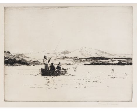 Wilkinson (Norman) Loch Fishing; Boat Fishing on Colt Crag Resevoir; Spring Fishing, three works, etchings with drypoint on c