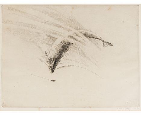 Wilkinson (Norman) The Lure [Salmon about to take fly]; Trout Fishing on the River Coquet, two works, etchings with drypoint,