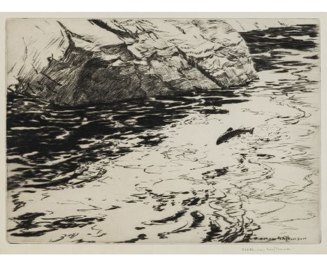 Wilkinson (Norman) Below the Falls; Salmon on the line; The Kettle Pool, Struan, three works, etchings with drypoint, all sig