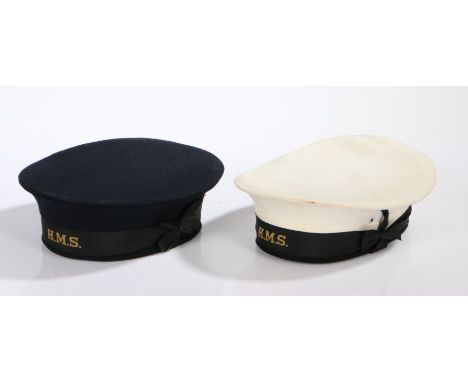 Two Royal Navy ratings caps, one white warm weather issue by the 'Army &amp; Navy Cap Co.' size 7 1/4, the other, blue servic