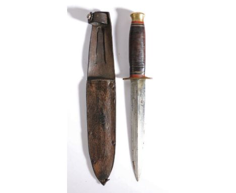 Fighting knife by Southern &amp; Richardson, steel double edged blade marked with makers name, brass cross guard, ringed leat