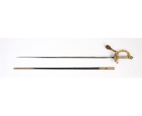 George VI court sword by Wilkinson Sword Co London, the etched blade with Kings crown cypher, in its leather scabbard