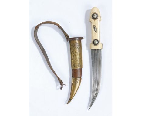 19th Century Caucasian Bebut, curved steel double fullered blade, carved bone handle with white metal fittings, held in woode