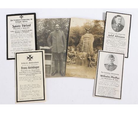 Two First World War German postcards, one of an officer in field grey uniform, the other of a memorial to the fallen, togethe
