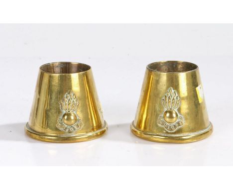 First World War Trench art pots made from shell fuze protectors, Royal Artillery badge to sides, (2)