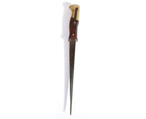 First World War Trench Knife, made from a French 1874 Gras bayonet, triangular steel blade shortened into a stilleto point, s