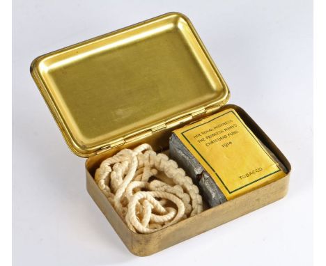 First World War Princess Mary gift tin, containing tobacco in original wrapping, 1914 Christmas card in envelope, white lanya
