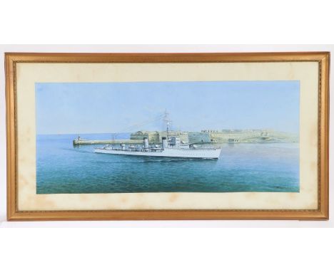 Vincenzo D'Eposito (1886-1949), Portrait of a Royal Navy Destroyer entering Valetta Harbour, Malta, Gouache, 70 cm x 30 cm, (