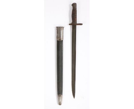 First World War British 1913 Pattern Bayonet by Remington, maker and date 10 '17 to one side of ricasso, held in leather scab