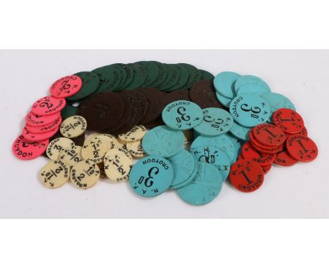 First World War Croydon National Aircraft Factory ivorene canteen tokens, circa 1917, consisting of nineteen cream 1/2D, ten 