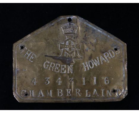 British Army brass bed plate to The Green Howards (Alexandra, Princess of Wales Own Yorkshire Regiment) marked to 'Chamberlai