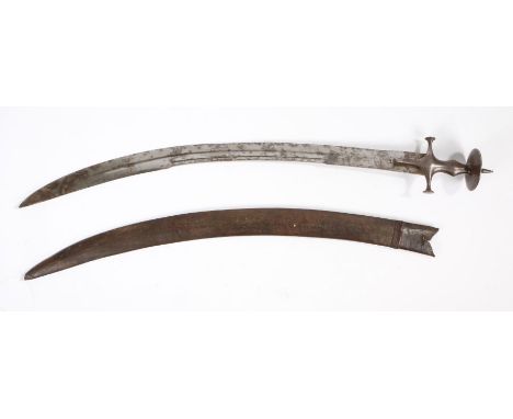 19th century Indian Tulwar, curved steel fullered blade, the last 30cm double edged, spine marked with the Arabic numerals 96