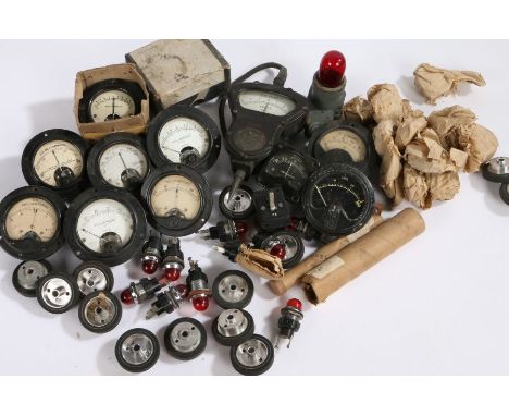 Selection of military dials and ampmeters, some WW2 dated with broad arrow, gears, bulbs etc, (qty)