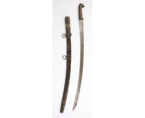 Imperial Russian 1838 Pattern Cossack Shashka, curved steel fullered blade, wooden grip with brass hook shaped pommel divided