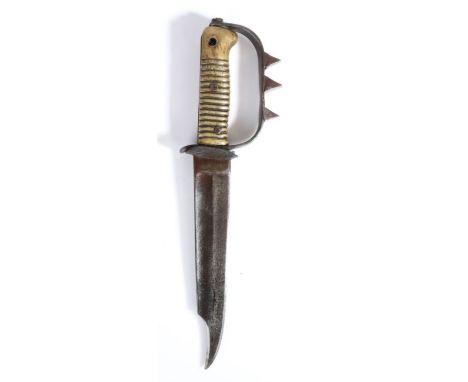 First/Second World War Fighting Knife, formed from a shortened bayonet, steel fullered Bowie knife shaped blade, brass hilt w