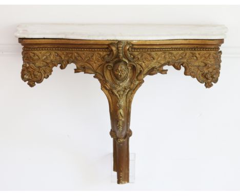 A Victorian giltwood &amp; gesso wall shelf with white marble top (adapted from a console table), 74cm wide x 54cm high x 40c