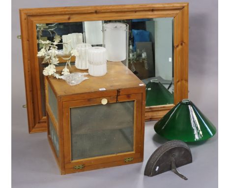 A pine meat safe enclosed by a mesh door &amp; with mesh sides &amp; back, 47.25cm wide x 46cm high x 45.5cm deep; together w