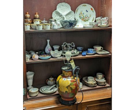 A floral lacquer-work ovoid table lamp with shade; &amp; various items of decorative china, pottery &amp; glassware, part w.a